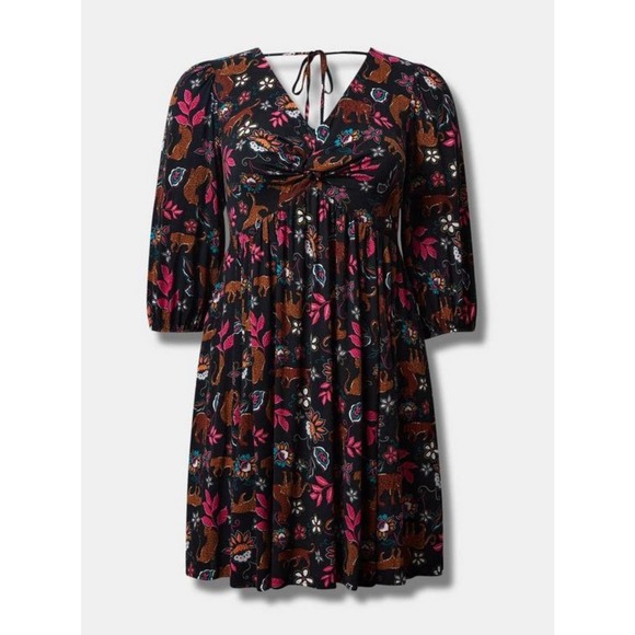 Torrid Women's Black Floral Rayon Slub Balloon Sleeve Twist Front Mini Dress NWT - Picture 4 of 5